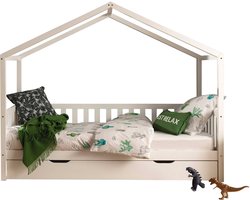 Vipack Kinderbed Dallas 90x200cm - Sofabed als Huis met Slaaplade - Bed met Dak - Peuterbed met Logeerbed - Ledikant - Wit