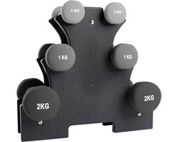 VirtuFit Dumbbells - 7 kg - 6 Dumbells - 3 Sets van 0,5, 1 en 2 kg - Dumbellset met houder - Gewichten Set - Dumbbell Rek - Fitness Gewichten - Thuis trainingsset