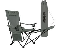 VirtuFit Opvouwbare Camping Stoel met Voetsteun - Strandstoel - Grijs - Inclusief Draagtas, Bekerhouder en Opbergvak
