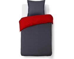 VISION Bicolor - Omkeerbaar Dekbedovertrek - Eenpersoons - 140 x 200 cm met bijhorende sloop - Antraciet/Rood - 100% katoen