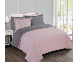 VISION Bicolor - Tweezijdig omkeerbaar Dekbedovertrekset - 100% katoen: zacht en soepel - Kingsize - Dekbedovertrek 260 x 240 cm met 2 bijhorende slopen - Grijs / Roze - Oekotex gecertificeerd
