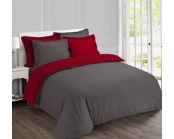 VISION Bicolor - Tweezijdig omkeerbaar Dekbedovertrekset - 100% katoen: zacht en soepel - Tweepersoons - Dekbedovertrek 155 x 220 cm met 2 bijhorende slopen 80 x 80cm - Grijs / Rood - Oekotex gecertificeerd