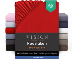 VISION Hoeslaken - 100% katoen - 180x200 cm met ruime hoek van 30cm - Geschikt voor boxspring matras - Rood - Oekotex gecertificeerd