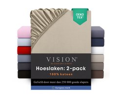 Vision - Hoeslaken - 100% katoen - 90 x 200cm verpakt per 2 stuks - Geschikt voor boxspring matras: ruime hoek van 30cm - Beige - Oekotex gecertificeerd