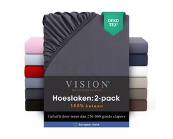 Vision - Hoeslaken - 100% katoen - 90 x 200cm verpakt per 2 stuks - Geschikt voor boxspring matras: ruime hoek van 30cm - Donkergrijs - Oekotex gecertificeerd