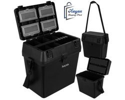 Viskoffer met Zitfunctie 38x34x21 cm – Hengelbox Organizer met Schouderriem tot 140 kg – viskoffer met zitfunctie – viskist met opbergvakken – visbox zwart – 63061