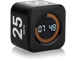 Visuele Cube Timer - Pomodoro Timer voor Focus en Time Management - Oplaadbaar via USB-C - Digitale Timer met 5/10/25/50 Minuten - Stille Modus - Kookwekker en Studietimer - Zwart
