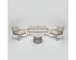 Vita - Bruzio Loungeset 4 delig - weersbestendig rope - met tafel - creme - met kussens - met slijtdoppen - aluminium gepoedercoat - Vita tuinmeubelen