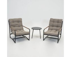 Vita - Como Loungestoelen - Met bijzettafel - textielene zitting - optimaal comfort - XL kussen olefin Bouclé bruin - aluminium onderstel - wood look armrest - Makkelijke montage
