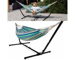 Vita5 Hangmat met Standaard 2 Persoons - Blauw/Groen - Draaggewicht 150 kg - Verstelbare Lengte - Incl. Draagtas