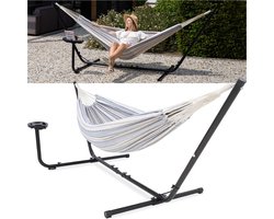 Vita5 Hangmat met Standaard – 2 Persoons – Incl. Bekerhouder – 205kg Draaggewicht – Blauw/Wit
