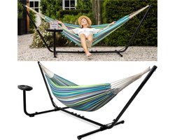Vita5 Hangmat met Standaard – 2 Persoons – Incl. Bekerhouder – 205kg Draaggewicht – Groen/Blauw