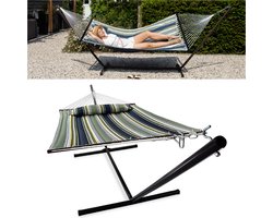 Vita5 Hangmat met Standaard en Spreidstok – 2 Persoons – Afneembaar kussen – uv-bestendig – Blauw
