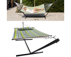 Vita5 Hangmat met Standaard en Spreidstok – 2 Persoons – Afneembaar kussen – Weerbestendig – Blauw/Groen