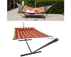 Vita5 Hangmat met Standaard en Spreidstok – 2 Persoons – Afneembaar kussen – Weerbestendig – Rood/Geel