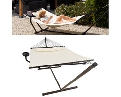 Vita5 Hangmat met Standaard en Spreidstok – 2 Persoons – incl. Bekerhouder - Afneembaar kussen – uv-bestendig – Beige