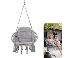 Vita5 Macramé Hangstoel - Voor Binnen en Buiten - Zonder Standaard - Incl. Kussen, Boekenvak en Beschermhoes - Tot 150kg - Grijs