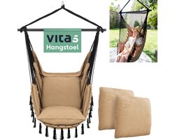 Vita5 XXL Hangstoel | Binnen&Buiten Hangnest | Incl. 2 Kussens en Boekenvak | Volwassenen&Kinderen | Hangmatstoel tot 225kg | Lichtbruin