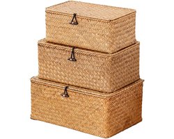 Vitdipy - Rieten opbergmand van geweven - 3 stuks - Met deksel - Rotan - Kast organizer - Opbergbox - Voorraaddoos - voor badkamer, woonkamer of keuken (S / M / L)