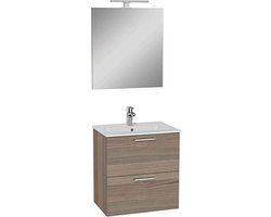 VitrA Mia badkamermeubelset - Cordoba Houtlook - 60cm - met 2 laden - inclusief spiegel met LED-verlichting en keramische VitrA wastafel