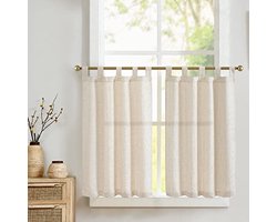 Vitrage gordijn met lussen, halftransparant raamsjaal voor keuken en woonkamer, landelijke stijl, set van 2, 65 cm x 90 cm