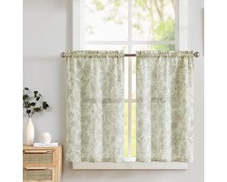 Vitrage, linnen, gordijn, bloemen, bedrukt, bistrogordijn, vitrage voor keuken, woonkamer, landhuis, set van 2, groen op beige, 65 B x 90 H (cm)