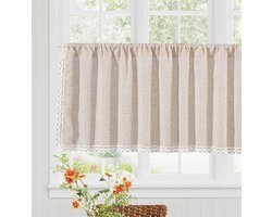 Vitrage, linnen, ondoorzichtig, bistrogordijn, boho-gordijn, korte gordijnen, vintage, kort, met kant, voor keuken en woonkamer, 1 stuk, 150 x 45 cm (b x h)
