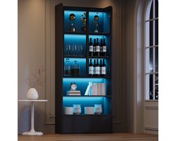 Vitrine 80×34×180 cm, hoge kast met 1 lade en glazen deuren, vitrinekast met LED en open vakken, staande opbergkast, woonkamerkast met glazen deuren – Zwart