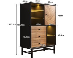 Vitrine met LED lichtband 12 kleuren keukenkast met lades en glazen planken houtnerf driehoekig