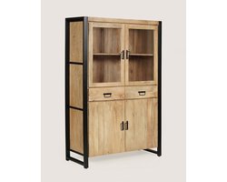Vitrinekast 115 cm Mangohout – 4 Glazen Deuren en 2 Lades – Industrieel