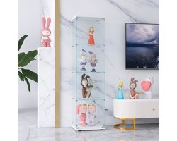 Vitrinekast, 164 cm glazen vitrinekast, 4 lagen met 1 deur, moderne glazen verzamelkast, staande glazen opbergkast voor woonkamer, slaapkamer, kantoor, wit