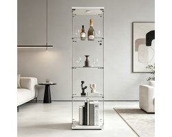 Vitrinekast 164 cm met led verlichting, glazen kast met 1 deur en 4 planken, displaykast en opbergkast voor woonkamer, wit kast