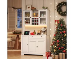 Vitrinekast - 180x105x40 cm - Keukenkast met Led en Stopcontact - Met Kruidenrek - Hout - Zwart