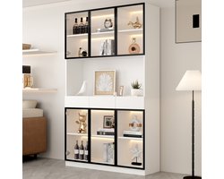 Vitrinekast - 200 cm Hoog - Glazen Kast met Ledverlichting - Boekenkast met Glas - Hout - Wit