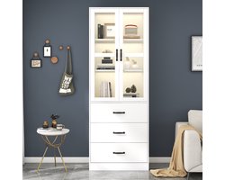 Vitrinekast - 200cm - Hoge Vitrine met 3 Laden - Met LED en Acryl Deuren - Acryl en Hout - Wit