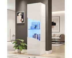 Vitrinekast - 35x50x165 cm - Hoogglans met LED Verlichting en Grote Opbergruimte - Hout - Wit