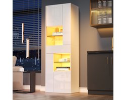 Vitrinekast - 55 x 38 x 170 cm - Hoge Vitrine met 1 Lade en LED - Hoogglans Design - Glas - Wit