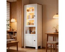 Vitrinekast - 70 x 40 x 188 cm - 2 Deuren en 6 Verstelbare Planken met LED - Hout en Glas - Wit/Naturel