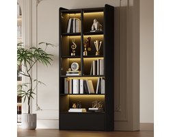 Vitrinekast - 80x34x180 cm - Hoge Kast met Ledverlichting - Glazen Deuren en Lade - Hout - Zwart