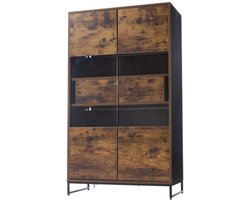 Vitrinekast 80x40x138cm met LED-verlichting, vrijstaande vitrinekast, vitrinekasten met 2 lades, opbergvitrinekast met acrylpaneel, highboard, wijnkasten, boekenplanken met veel opbergruimte, zwart + houtnerf