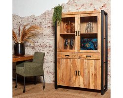 Vitrinekast Britt | Mango metaal 115 cm breed - mangohout - opbergkast - metaal - duurzaam - meubels - Opbergkast - Buffetkast - Kast