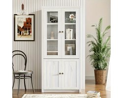 Vitrinekast – Glazen Kast – Opbergkast – Vakkenkast – Showkast – Wit – 80x34x171 cm – Twee Glazen Deuren & Twee Houten Deuren Met Messing Handgrepen