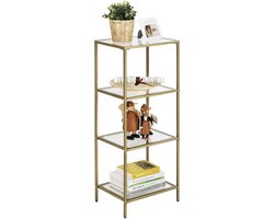 Vitrinekast Goud Glas – Glazen Wandkast – Opbergrek met 4 Planken – Badkamerkast – Boekenkast – Decoratief Rek – Metalen Frame – Modern Design – Voor Woonkamer, Slaapkamer, Hal, Kantoor – Luxe Stijl