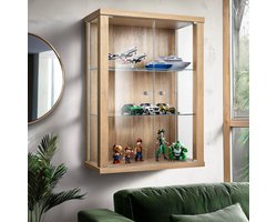 Vitrinekast hangend met 2 deuren & 2 in hoogte verstelbare glasplanken - 80x60x25 cm - Beukenhoutkleur