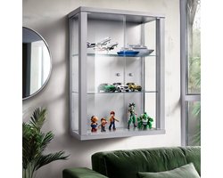 Vitrinekast hangend met 2 deuren & 2 in hoogte verstelbare glasplanken - 80x60x25 cm - Zilverkleurig