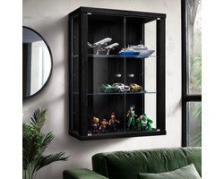 Vitrinekast hangend met 2 deuren & 2 in hoogte verstelbare glasplanken - 80x60x25 cm - Zwart