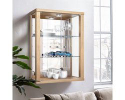 Vitrinekast hangend met 2 deuren, 2 in hoogte verstelbare glasplanken & spiegel - Vitrinekast met led verlichting - 80x60x25 cm - Beukenhoutkleur