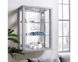 Vitrinekast hangend met 2 deuren, 2 in hoogte verstelbare glasplanken & spiegel - Vitrinekast met led verlichting - 80x60x25 cm - Zilverkleurig