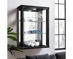 Vitrinekast hangend met 2 deuren, 2 in hoogte verstelbare glasplanken & spiegel - Vitrinekast met led verlichting - 80x60x25 cm - Zwart