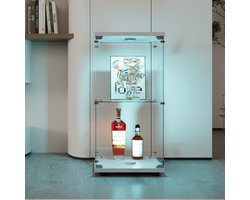 Vitrinekast in glas met LED, Moderne vitrinekast met 2 planken in ESG-glas, Collection Vitrinekast voor Bar, Woonkamer, 86,5 x 40 x 36,5 cm, Wit